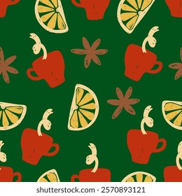 Hand drawn seamless pattern red mugs with lemon slices and star anise on a green background vector illustration