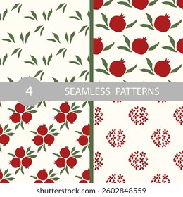 Hand drawn seamless pattern red pomegranate and leaves. Vector illustration with sweet fruit garnet. Print for digital paper, wrapping, scrapbooking, fabric, textile. Botanical tropical decoration