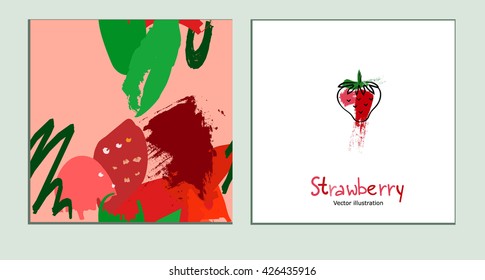 hand drawn seamless pattern and red strawberry. set of 2 pages with artistic backgraund and strawberry