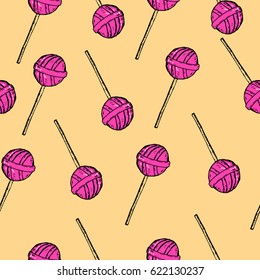 Hand drawn seamless pattern with red lollipop. Hand made sweets. Vector stock illustration.