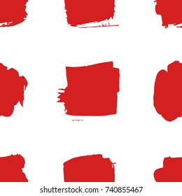 Hand drawn seamless pattern with red paint squares. Abstract brush background. Grunge vector illustration