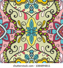 Hand drawn seamless pattern, repeating texture for textile paper print. Colorful artistic doodle background with decorative geometric and floral elements . Tribal ethnic ornament,  vector illustration