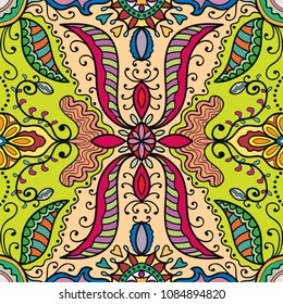 Hand drawn seamless pattern, repeating texture for textile paper print. Colorful artistic doodle background with decorative geometric and floral elements . Tribal ethnic ornament,  vector illustration