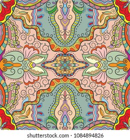 Hand drawn seamless pattern, repeating texture for textile paper print. Colorful artistic doodle background with decorative geometric and floral elements . Tribal ethnic ornament,  vector illustration