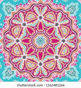 Hand drawn seamless pattern, repeating texture for textile fabric or paper print. Colorful doodle background with geometric and floral elements. Tribal ethnic mandala ornament for interior decoration