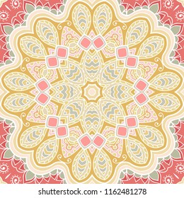 Hand drawn seamless pattern, repeating texture for textile fabric or paper print. Colorful doodle background with geometric and floral elements. Tribal ethnic mandala ornament for interior decoration