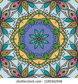 Hand drawn seamless pattern, repeating texture for textile fabric or paper print. Colorful doodle background with geometric and floral elements. Tribal ethnic mandala ornament for interior decoration