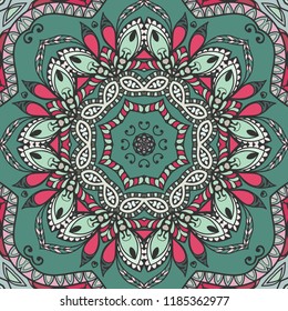 Hand drawn seamless pattern, repeating texture for textile fabric or paper print. Colorful doodle background with geometric and floral elements. Tribal ethnic mandala ornament for interior decoration