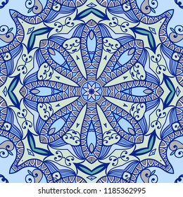 Hand drawn seamless pattern, repeating texture for textile fabric or paper print. Colorful doodle background with geometric and floral elements. Tribal ethnic mandala ornament for interior decoration