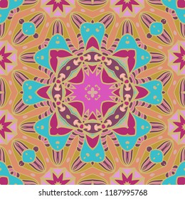 Hand drawn seamless pattern, repeating texture for textile fabric or paper print. Colorful doodle background with geometric and floral elements. Tribal ethnic mandala ornament for interior decoration
