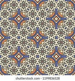 Hand drawn seamless pattern, repeating texture for textile fabric or paper print. Colorful doodle background with geometric and floral elements. Tribal ethnic mandala ornament for interior decoration