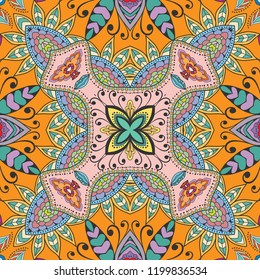 Hand drawn seamless pattern, repeating texture for textile fabric or paper print. Colorful doodle background with geometric and floral elements. Tribal ethnic mandala ornament for interior decoration
