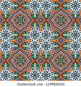 Hand drawn seamless pattern, repeating texture for textile fabric or paper print. Colorful doodle background with geometric and floral elements. Tribal ethnic mandala ornament for interior decoration