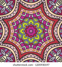 Hand drawn seamless pattern, repeating texture for textile fabric or paper print. Colorful doodle background with geometric and floral elements. Tribal ethnic mandala ornament for interior decoration