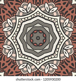 Hand drawn seamless pattern, repeating texture for textile fabric or paper print. Colorful doodle background with geometric and floral elements. Tribal ethnic mandala ornament for interior decoration