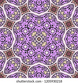 Hand drawn seamless pattern, repeating texture for textile fabric or paper print. Colorful doodle background with geometric and floral elements. Tribal ethnic mandala ornament for interior decoration