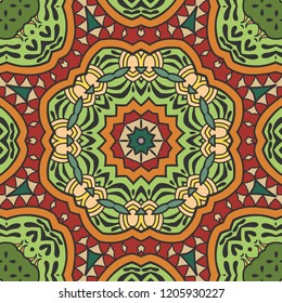 Hand drawn seamless pattern, repeating texture for textile fabric or paper print. Colorful doodle background with geometric and floral elements. Tribal ethnic mandala ornament for interior decoration