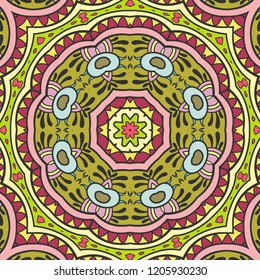 Hand drawn seamless pattern, repeating texture for textile fabric or paper print. Colorful doodle background with geometric and floral elements. Tribal ethnic mandala ornament for interior decoration