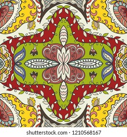 Hand drawn seamless pattern, repeating texture for textile fabric or paper print. Colorful doodle background with geometric and floral elements. Tribal ethnic mandala ornament for interior decoration