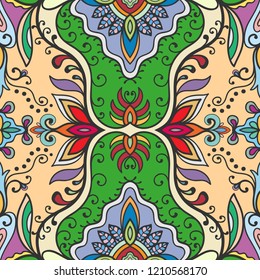 Hand drawn seamless pattern, repeating texture for textile fabric or paper print. Colorful doodle background with geometric and floral elements. Tribal ethnic mandala ornament for interior decoration