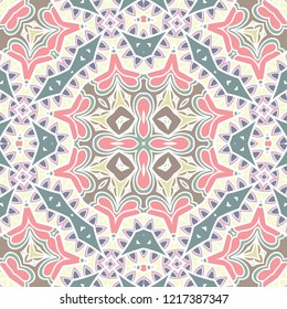 Hand drawn seamless pattern, repeating texture for textile fabric or paper print. Colorful doodle background with geometric and floral elements. Tribal ethnic mandala ornament for interior decoration