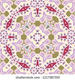 Hand drawn seamless pattern, repeating texture for textile fabric or paper print. Colorful doodle background with geometric and floral elements. Tribal ethnic mandala ornament for interior decoration