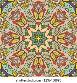 Hand drawn seamless pattern, repeating texture for textile fabric or paper print. Colorful doodle background with geometric and floral elements. Tribal ethnic mandala ornament for interior decoration