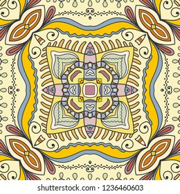 Hand drawn seamless pattern, repeating texture for textile fabric or paper print. Colorful doodle background with geometric and floral elements. Tribal ethnic mandala ornament for interior decoration