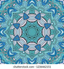 Hand drawn seamless pattern, repeating texture for textile fabric or paper print. Colorful doodle background with geometric and floral elements. Tribal ethnic mandala ornament for interior decoration