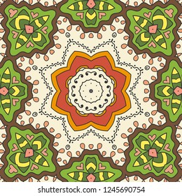 Hand drawn seamless pattern, repeating texture for textile fabric or paper print. Colorful doodle background with geometric and floral elements. Tribal ethnic mandala ornament for interior decoration