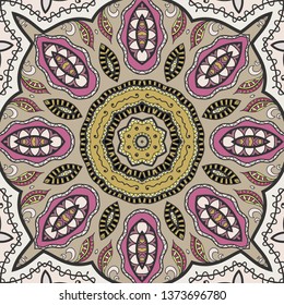 Hand drawn seamless pattern, repeating texture for textile fabric print. Colorful doodle background with geometric and floral elements. Tribal ethnic mandala ornament for scarf, shawl, hijab design