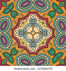 Hand drawn seamless pattern, repeating texture for textile fabric print. Colorful doodle background with geometric and floral elements. Tribal ethnic mandala ornament for scarf, shawl, hijab design