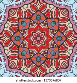 Hand drawn seamless pattern, repeating texture for textile fabric print. Colorful doodle background with geometric and floral elements. Tribal ethnic mandala ornament for scarf, shawl, hijab design