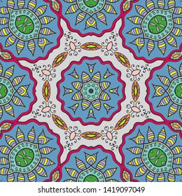 Hand drawn seamless pattern, repeating texture for textile fabric print. Colorful doodle background with geometric and floral elements. Tribal ethnic mandala ornament for scarf, shawl, hijab design