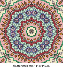 Hand drawn seamless pattern, repeating texture for textile fabric print. Colorful doodle background with geometric and floral elements. Tribal ethnic mandala ornament for scarf, shawl, hijab design
