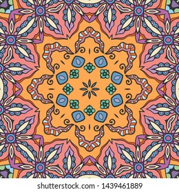 Hand drawn seamless pattern, repeating texture for textile fabric print. Colorful doodle background with geometric and floral elements. Tribal ethnic mandala ornament for scarf, shawl, hijab design