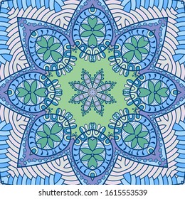 Hand drawn seamless pattern, repeating texture for textile fabric print. Colorful doodle background with geometric and floral elements. Tribal ethnic mandala ornament for scarf, shawl, hijab design