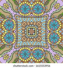 Hand drawn seamless pattern, repeating texture for textile fabric print. Colorful doodle background with geometric and floral elements. Tribal ethnic mandala ornament for scarf, shawl, hijab design
