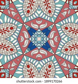 Hand drawn seamless pattern, repeating texture for textile fabric print. Colorful doodle background with geometric and floral elements. Tribal ethnic mandala ornament for scarf, shawl, hijab design