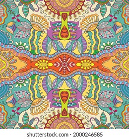 Hand drawn seamless pattern, repeating texture for textile fabric print. Colorful doodle background with geometric and floral elements. Tribal ethnic mandala ornament for scarf, shawl, hijab design