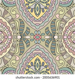 Hand drawn seamless pattern, repeating texture for textile fabric print. Colorful doodle background with geometric and floral elements. Tribal ethnic mandala ornament for scarf, shawl, hijab design