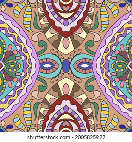 Hand drawn seamless pattern, repeating texture for textile fabric print. Colorful doodle background with geometric and floral elements. Tribal ethnic mandala ornament for scarf, shawl, hijab design