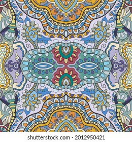 Hand drawn seamless pattern, repeating texture for textile fabric print. Colorful doodle background with geometric and floral elements. Tribal ethnic mandala ornament for scarf, shawl, hijab design