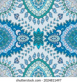 Hand drawn seamless pattern, repeating texture for textile fabric print. Colorful doodle background with geometric and floral elements. Tribal ethnic mandala ornament for scarf, shawl, hijab design