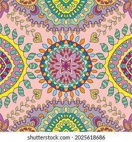 Hand drawn seamless pattern, repeating texture for textile fabric print. Colorful doodle background with geometric and floral elements. Tribal ethnic mandala ornament for scarf, shawl, hijab design