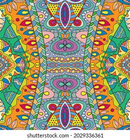 Hand drawn seamless pattern, repeating texture for textile fabric print. Colorful doodle background with geometric and floral elements. Tribal ethnic mandala ornament for scarf, shawl, hijab design