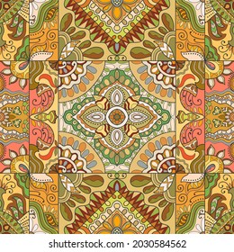 Hand drawn seamless pattern, repeating texture for textile fabric print. Colorful doodle background with geometric and floral elements. Tribal ethnic mandala ornament for scarf, shawl, hijab design