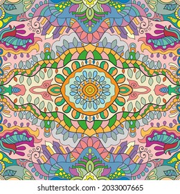 Hand drawn seamless pattern, repeating texture for textile fabric print. Colorful doodle background with geometric and floral elements. Tribal ethnic mandala ornament for scarf, shawl, hijab design