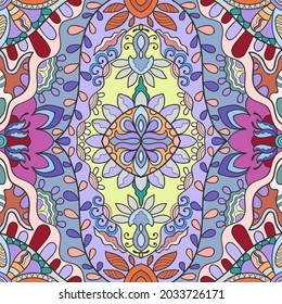 Hand drawn seamless pattern, repeating texture for textile fabric print. Colorful doodle background with geometric and floral elements. Tribal ethnic mandala ornament for scarf, shawl, hijab design
