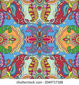 Hand drawn seamless pattern, repeating texture for textile fabric print. Colorful doodle background with geometric and floral elements. Tribal ethnic mandala ornament for scarf, shawl, hijab design
